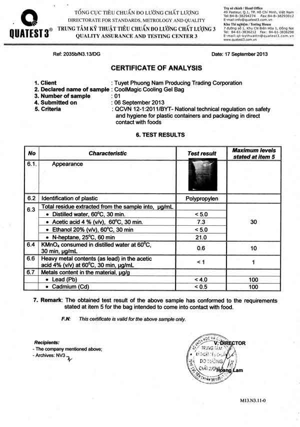 chứng nhận chất lượng CoolMagic Gel Ice Packs an toàn thực phẩm